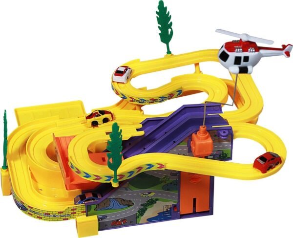 Toyshine Track Racer Racing Car Set with 4 Miniature Cars Rotating Helicopter Toy for 3-5 Year Boys Girls Kids Vehicle Toy Parking Set Game Ramp Toy