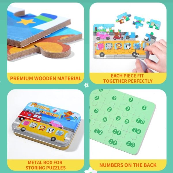 Tiny Toys 4 in 1 Wooden Zigsaw Puzzles in Keep Safe Iron Box Boys Girls 2-8Yrs (Farm Days),kids - Image 4