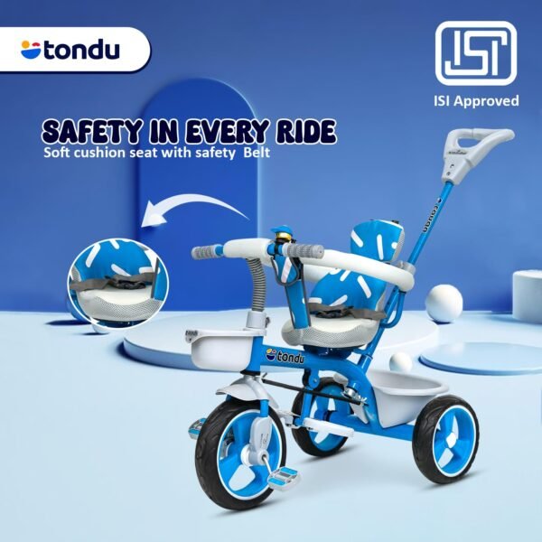 TONDU Tricycle for Baby/Kids with Safetyc Arm & Seat Belt with Parental Control Tricycle (Blue) - Image 4