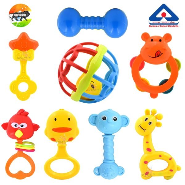 WISHKEY Colorful Attractive Plastic Non Toxic Set of 8 Shake & Grab Rattle BPA Free for New Born and Infants (Pack of 8, Multicolor) - Image 5
