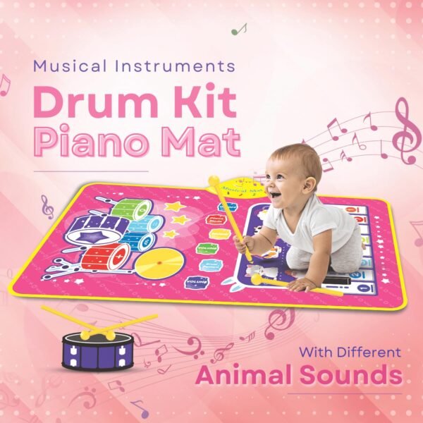 3-in-1 (Cat & Unicorn) Piano Mat for Toddlers, Piano & Drum Mat with 2 Sticks, Featuring Animal, Piano, and Drum Sounds, Educational Toy for 12 Months+,Ideal for 1-3 Year Toddler - Pink Design - Image 2