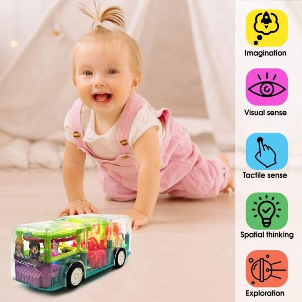 Transparent 3D Toy 360 Degree Rotation, Gear Simulation Mechanical Sound and Light Toy for 2-5 Years Boys and Girls (3D Bus) - Image 2
