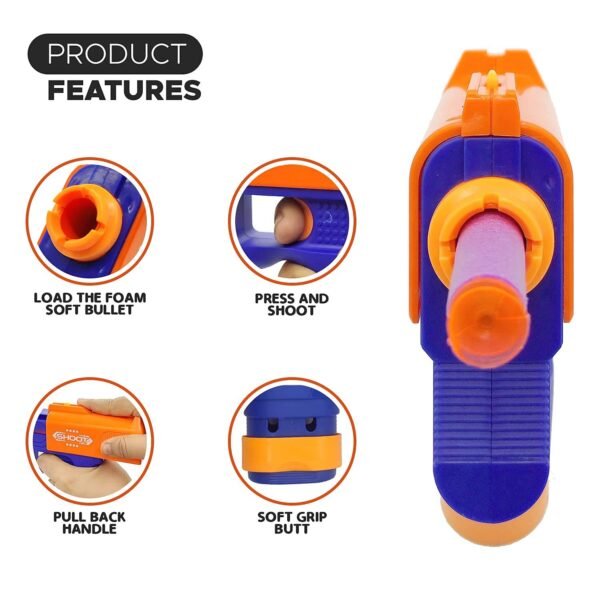 Toy Cloud Mini Soft Blaster Manual Soft Bullet Shooting Toy with 3 Safe Foam Bullets for Kids, Safe and Long Range Shooting Gun - Multicolour - Image 3