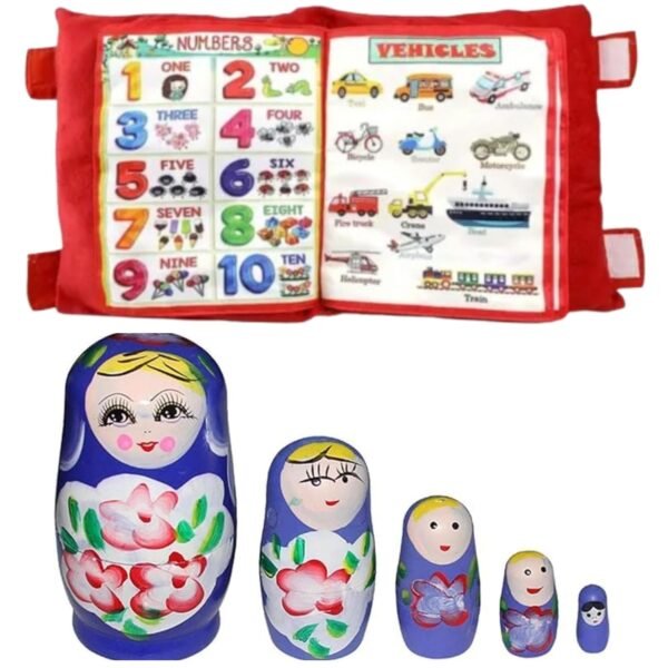 Learning Cushion Pillow Book for Kids & Hand-Painted Wooden Nesting Dolls (Russian Doll) Combo – Educational Gift Set for Toddlers 1-3 Years | Bilingual, Safe & Eco-Friendly Toys.