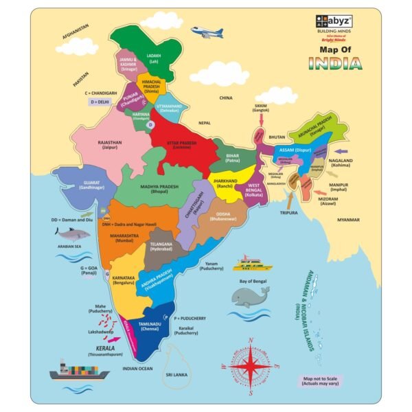 ABYZ India Map Wooden Jigsaw Puzzles - Geography for Kids Educational Toys for Learning Puzzles Suitable for Children Ages 4-8 - Fun & Challenging Brain Booster Games Focus and Memory for Boys & Girls
