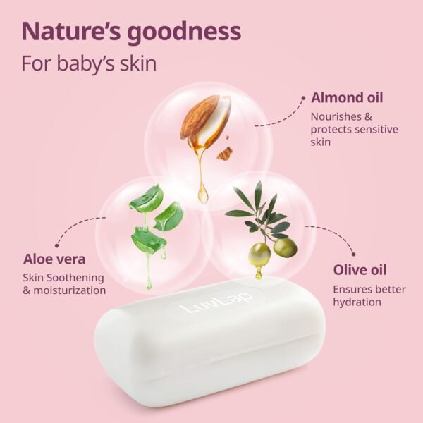 LuvLap Moisturizing Baby Soap - Gentle Bathing Bar, Almond Oil, Olive Oil & Aloe Vera, Dermatologically Tested, Free of Paraben, sulphates, Mineral Oil & Alcohol, 75g (pack of 4), Buy 3 Get 1 Free - Image 3