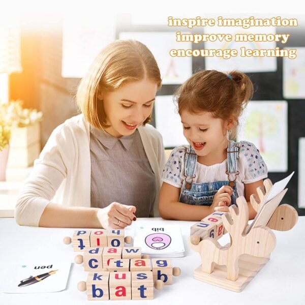 Wooden Reading Blocks,Montessori Toys for Toddlers 2 3 4 Years Old,Flash Cards Turning,Short Vowel Rotating Matching Letters Toy for Kids,Wooden Spelling Toy,Sight Word Games - Image 6