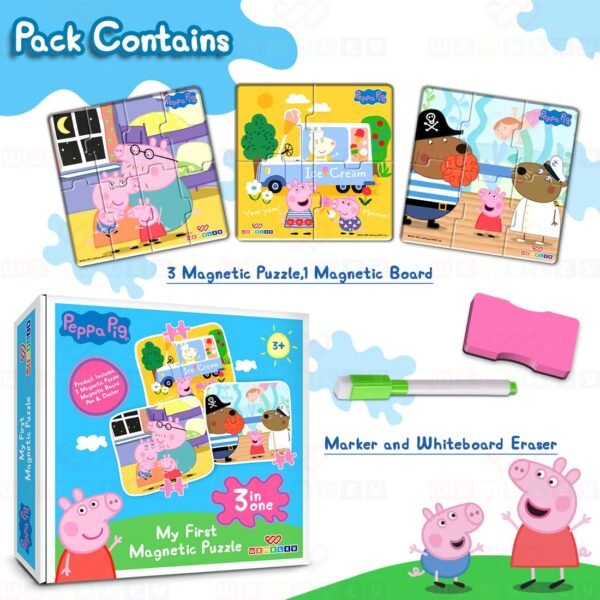 Wembley Peppa Pig - 3 in 1 Jigsaw Magnetic Puzzle for Kids 3+ Years Educational Fun Learning DIY Creative Activity Set Dot-to-Dot Sketching Includes 3 Puzzles, 1 Board, Sketch Pen & Duster - Image 3