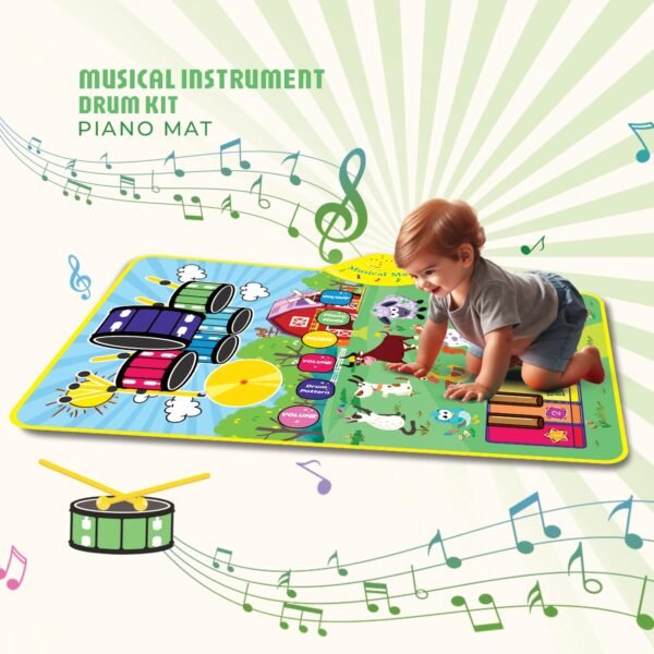 3-in-1 (Bull & Sheep ) Piano Mat for Toddlers, Piano & Drum Mat with 2 Sticks, Featuring Animal, Piano, and Drum Sounds, Educational Toy for 12 Months+, Ideal for 1-3 Year Toddler - Design 1 - Image 2