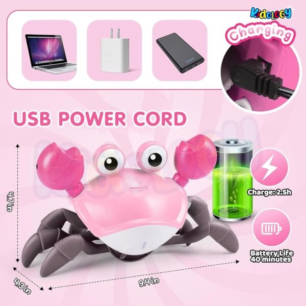 Kidology Crawling Crab Baby Musical Kids Toy with Led Lights & Rechargeable Battery|Interactive Early Learning and Entertainment Toys for Kids Toddlers & Infants|Tummy Time Dancing Toys,Pink - Image 2