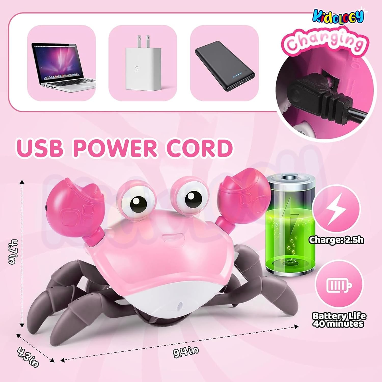 Kidology Crawling Crab Baby Musical Kids Toy with Led Lights & Rechargeable Battery|Interactive Early Learning and Entertainment Toys for Kids Toddlers & Infants|Tummy Time Dancing Toys,Pink - Image 2