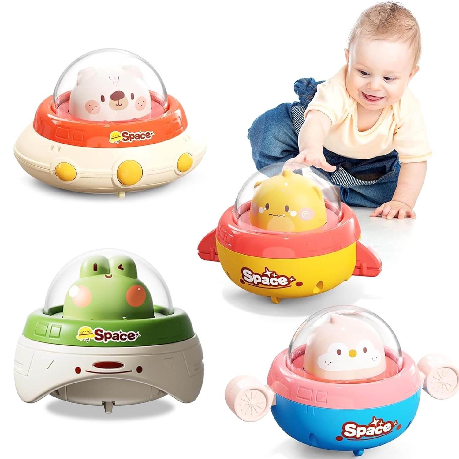 Kidology 4 Pcs Press & Go Friction-Powered Space Cars for Toddlers – Mini Racing Car, Push & Go Vehicle for Early Learning, Motor Skill Development, Fun Toy for Babies & Kids - Random Color
