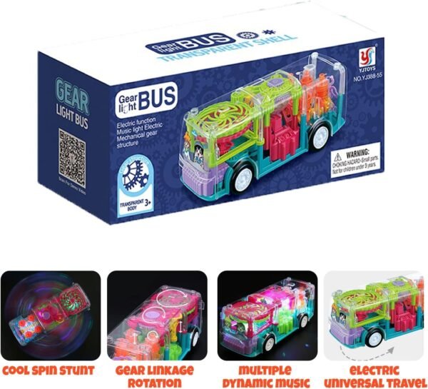 Transparent 3D Toy 360 Degree Rotation, Gear Simulation Mechanical Sound and Light Toy for 2-5 Years Boys and Girls (3D Bus) - Image 6