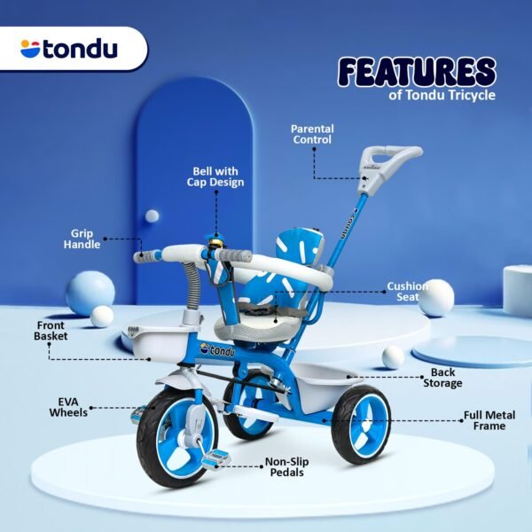 TONDU Tricycle for Baby/Kids with Safetyc Arm & Seat Belt with Parental Control Tricycle (Blue) - Image 5