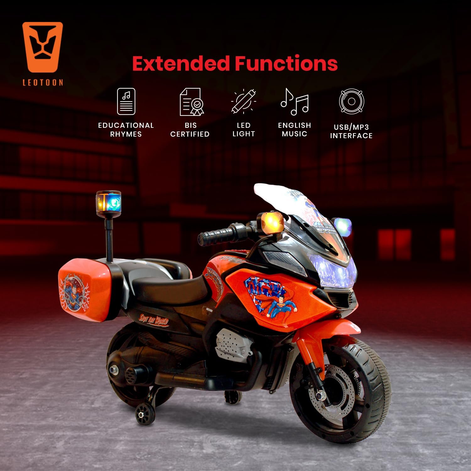 Licensed Superman (2W) Kids Bike | 6V/5AH Battery | 6V/16000 RPM Motor | Foot Accelerator | USB/MP3 Interface | LED Light | English Rhymes & Music | BIS Certified | (Red) (3-5 Years) - Image 4