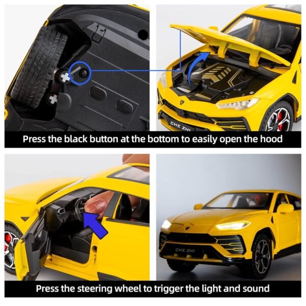 Model Car Zinc Alloy Pull Back Toy Diecast Toy Cars with Openable Doors, Sound and Light for Kids Boy Girl Gift (1:24 Lamborghini Urus-Yellow) - Image 5