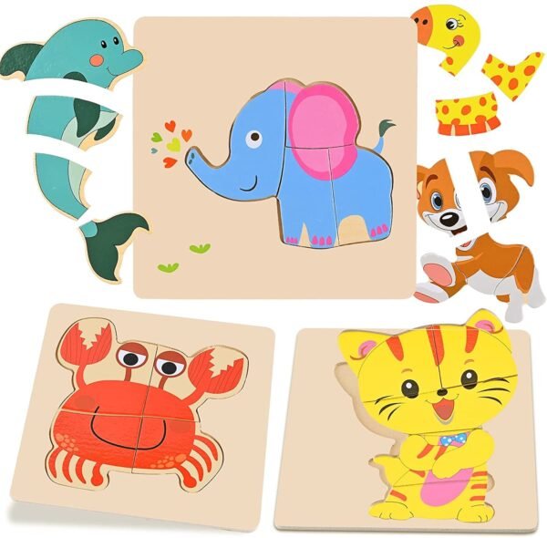 6 PCS Wooden Jigsaw Puzzles, Wooden Animal Puzzles for Toddlers, Educational Montessori Toys, Colorful Leisure Toys of 2 3 4 5 Years Toddlers, Random Pattern - Image 4
