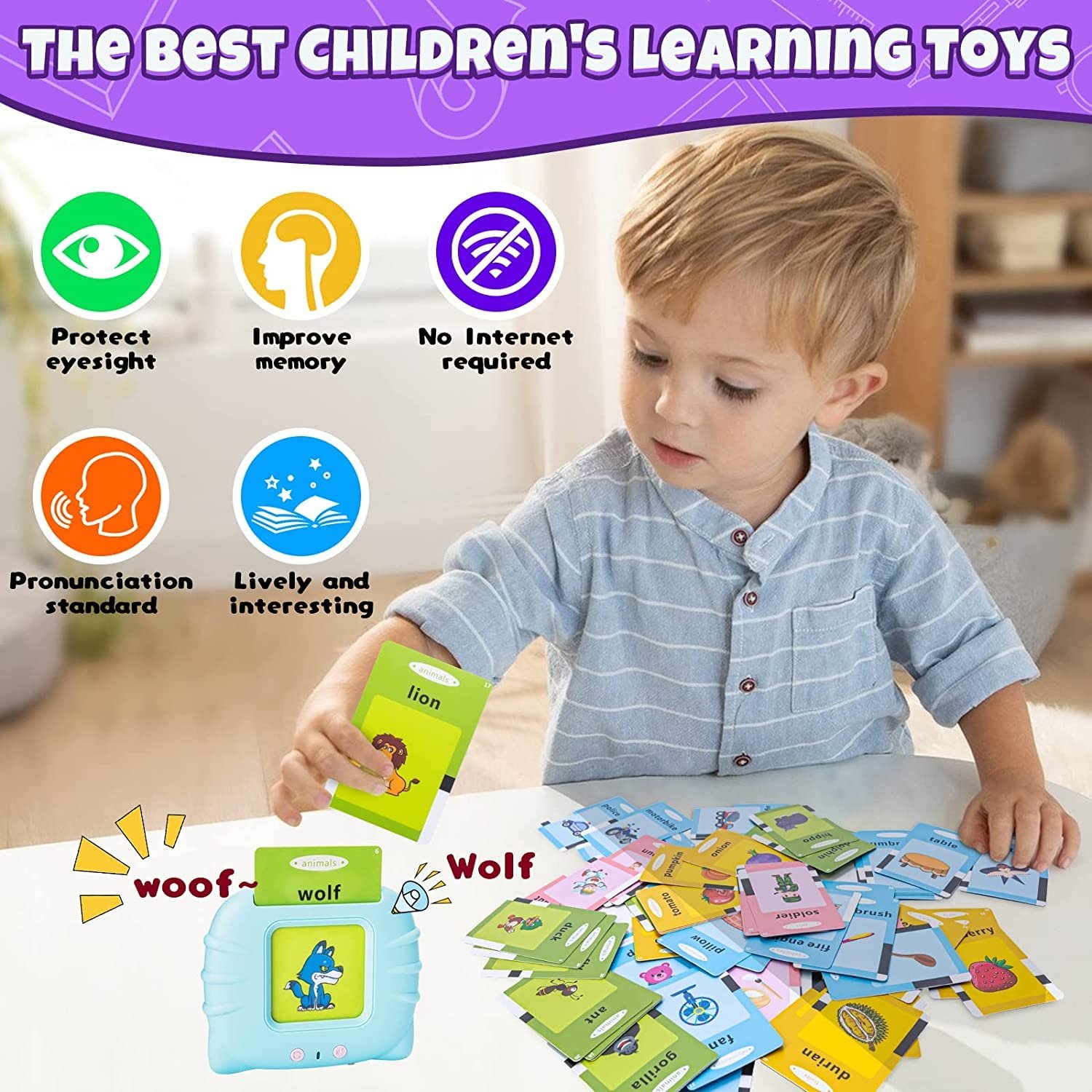 FunBlast Talking Flash Cards for Kids, Learning Toys for Kids, English Flash Cards, Montessori Educational Toys for 2-4 Year Old Kids, Boys, Girls -112 Double Sided Card (Blue) - Image 4