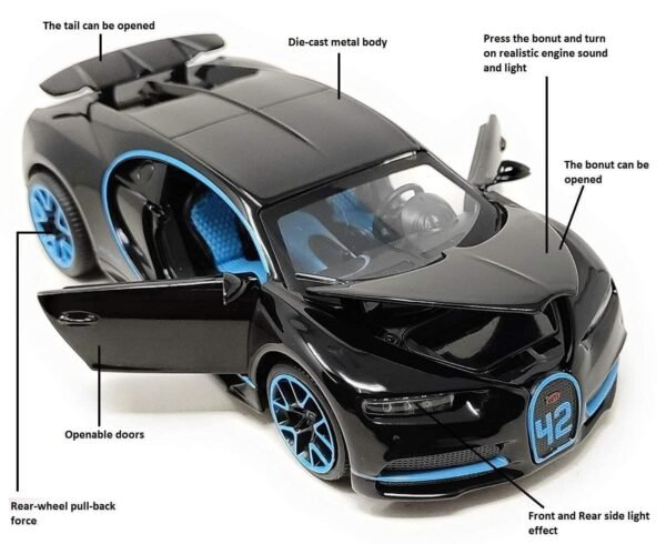 1:32 Scale Bugatti Chiron Die-Cast Metal Cars with 4 Openable Doors Light and Musical Sound, Pull Back Action Vehicle Toy for Kids?Colors as Per Stock? - Image 3