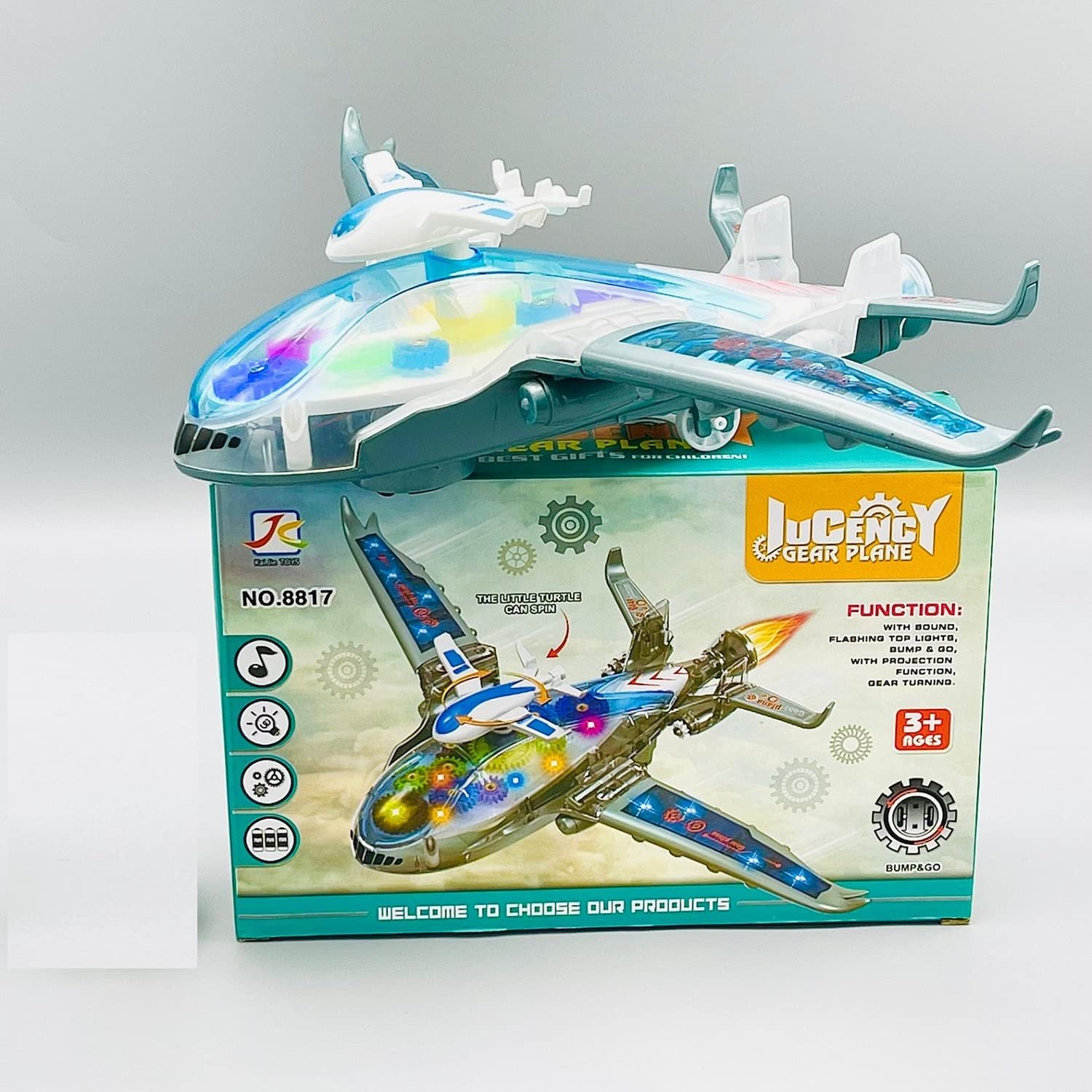 KTRS Enterprise Transparent Plane Bump and Go Plane Aeroplane Plane with 3D Lightning, Moving Gears and Music,Birthday Toy Gift for 1-6 Year Old Boy, Toy for Kids - Image 3