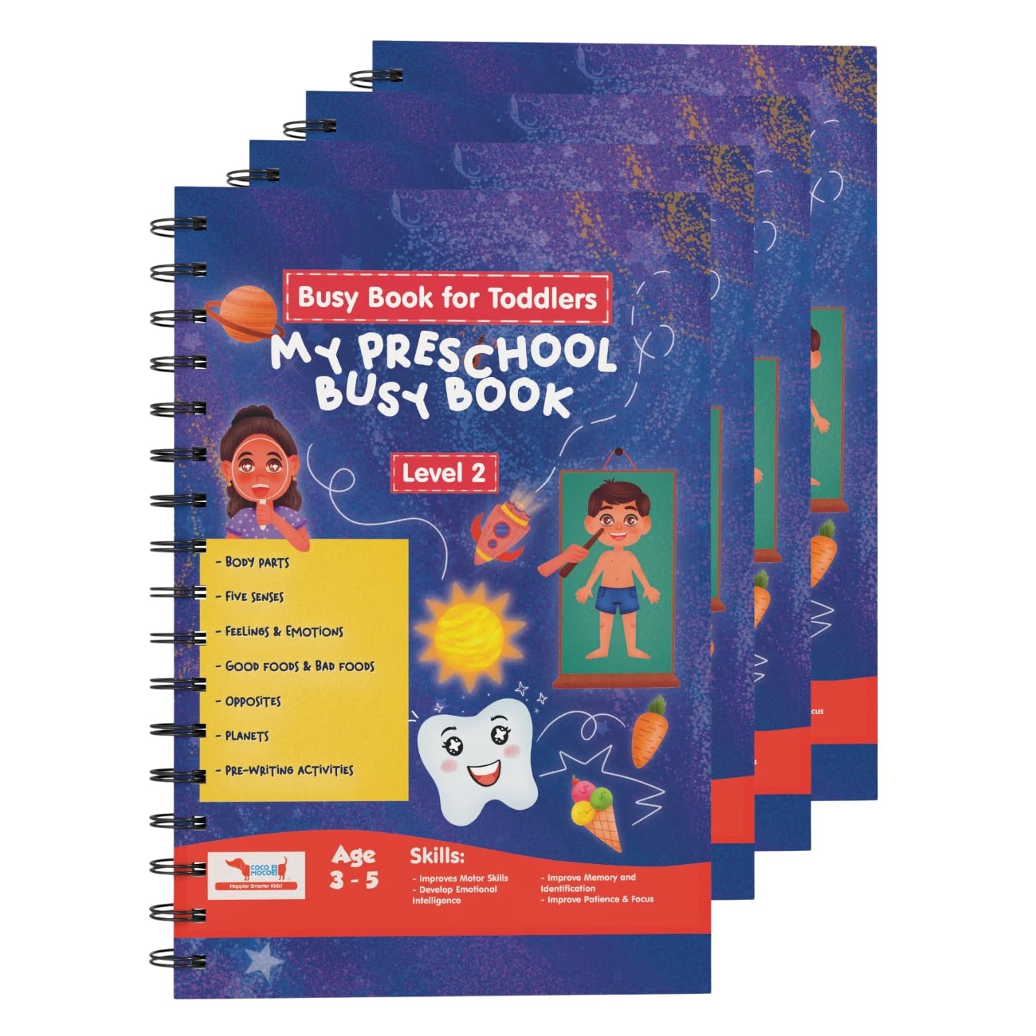 CocoMoco Kids My Preschool Busy Book For Toddlers Level 2 With Body Parts,Planets,Opposites,Emotions | Quiet Book For Kids Learning Toys For 3-5 Year Olds | Montessori Learning (Pack Of 5),Multicolor