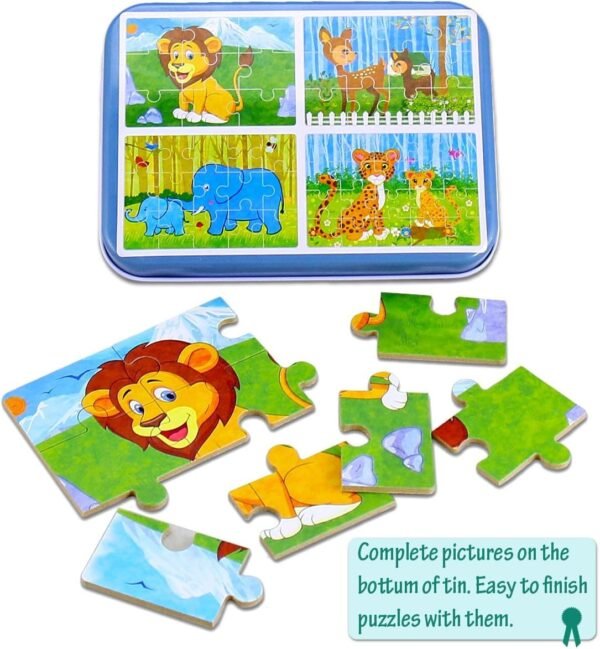 Tiny Toys 4 in 1 Wooden Zigsaw Puzzles in Keep Safe Iron Box Boys Girls 2-8Yrs (Farm Days),kids - Image 6