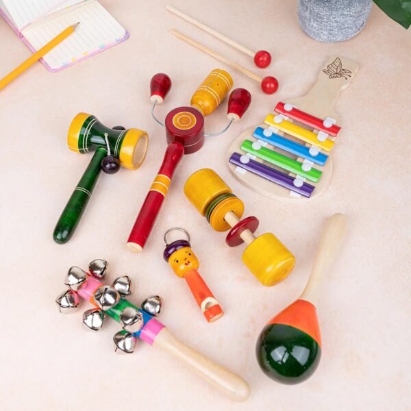 Wooden Infant Colourful Non Toxic Set of 7 Attractive Rattles and Teathers for New Borns, Baby,Kid (Multi Color) - Image 2