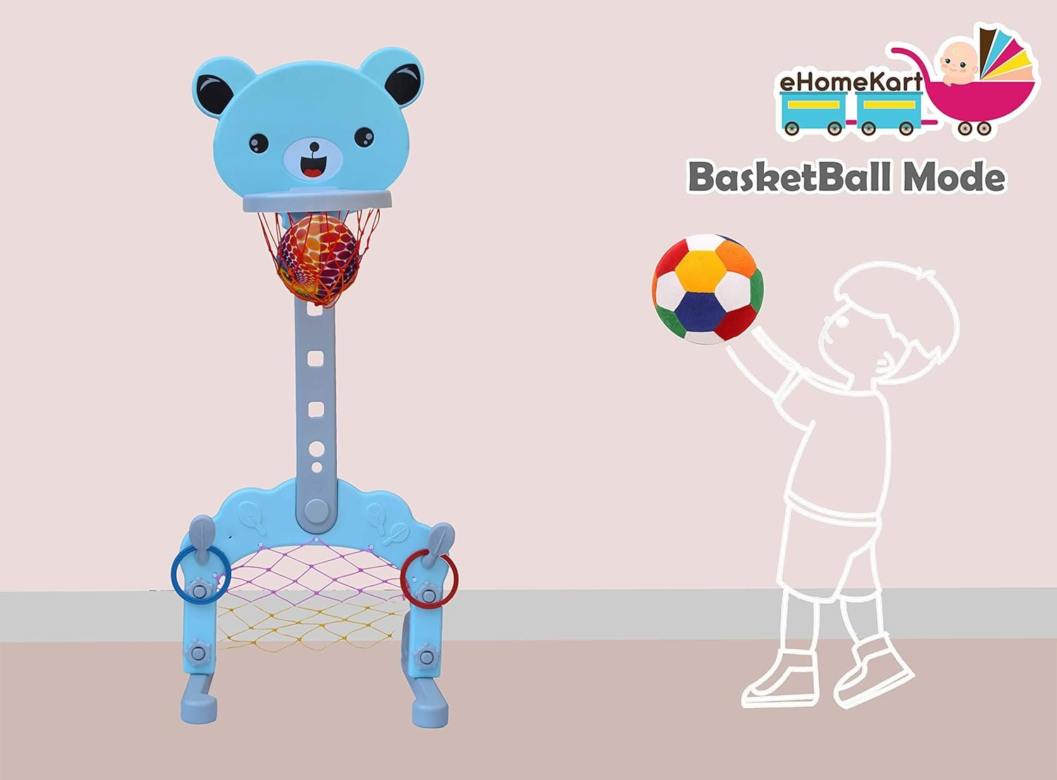 eHomeKart Basketball Toy Set - 3 in 1 Multi Activity Play Centre - Basketball, Football Gate & Ring Hoopla - Age 1-5 Years, 5 Height Adjustable Settings - Perfect Toys for Indoor & Outdoor (Teddy) - Image 3