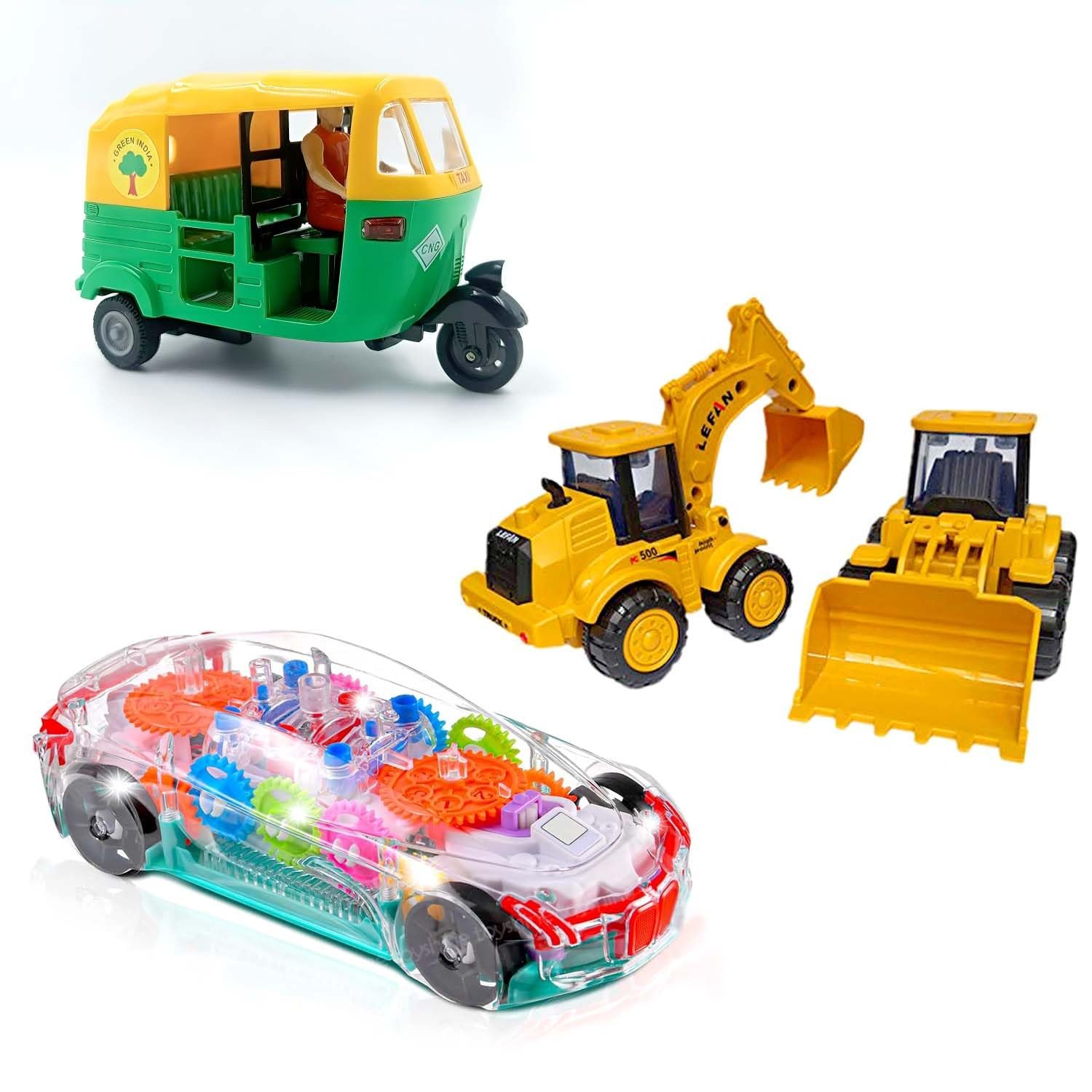 Desi Bazaar & Co Pack of 4 Toys – Loader & Bulldozer Trucks, Pull Back Auto Rickshaw and 3D Transparent Car Toy with 360° Rotation Educational, Interactive, Safe Toys for Toddlers Aged 1-5 Years