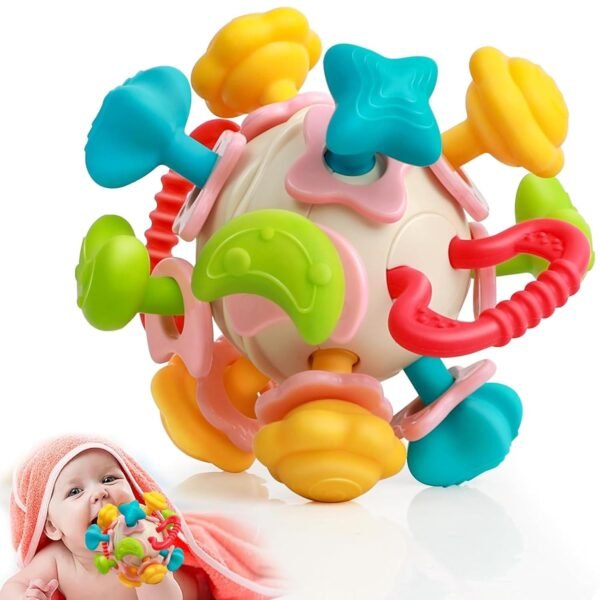 Kidology Silicone Space Ball Baby Teether - Sensory Toys for Boys and Girls, Newborn & Infant Rattle Toys, Montessori Learning Developmental Toddler Toys Suitable for Babies 6+ Months, Multicolor