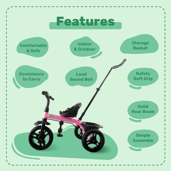 Mini Prima Tricycle for Kids | Tricycle for Kids | Cycle for Kids 1-4 Years | Baby Cycle | Bicycle for Kids with Storage Basket, Cushion Seat and Seat Belt TZ-582 (Pink) - Image 5