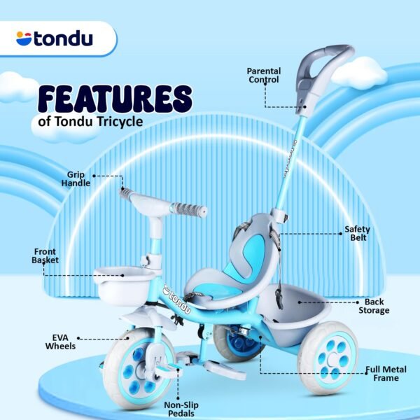 TONDU Kiddo Tricycle for Kids/Baby with Storage Basket | Seat Belt with Parental Control Baby Tricycle (Blue) - Image 5