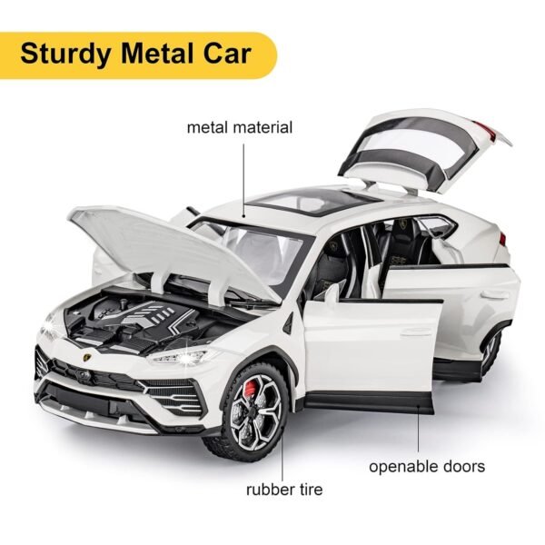 Model Car Zinc Alloy Pull Back Toy Diecast Toy Cars with Openable Doors, Sound and Light for Kids Boy Girl Gift (1:24 Lamborghini Urus-White) - Image 5