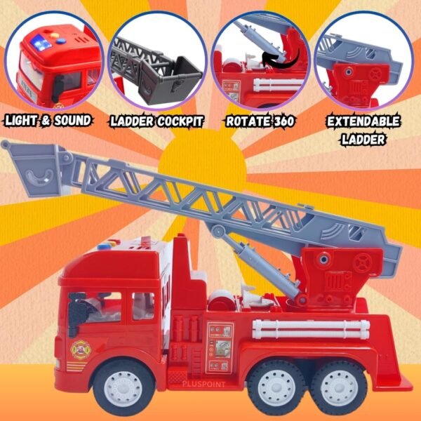 PLUSPOINT Fire Truck Toy Friction Powered Emergency Truck with Flashing Lights & Siren Sounds for Kids, Extendable Rotating Ladder. Firetruck Toys 3-5 Years Old (Fire Truck) - Image 3