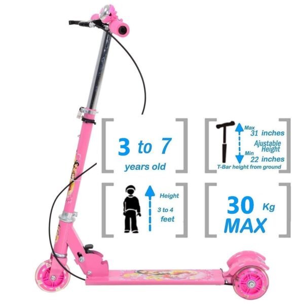 DREAMLAND 3 Wheeler Foldable Scooter with Brake and Bell, LED on Wheels and Height Adjustable Up to 76cm for Boys and Girls (5-10 Years) (Pink) - Image 3