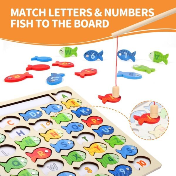 Lefan Wooden Magnetic Fishing Game for Toddlers, Montessori Fine Motor Skills Toy with Letters and Numbers, Preschool Learning ABC and Puzzle Birthday Toys Gift for 3 4 5 6 7 8+ Year Old Kids(2 Poles) - Image 3