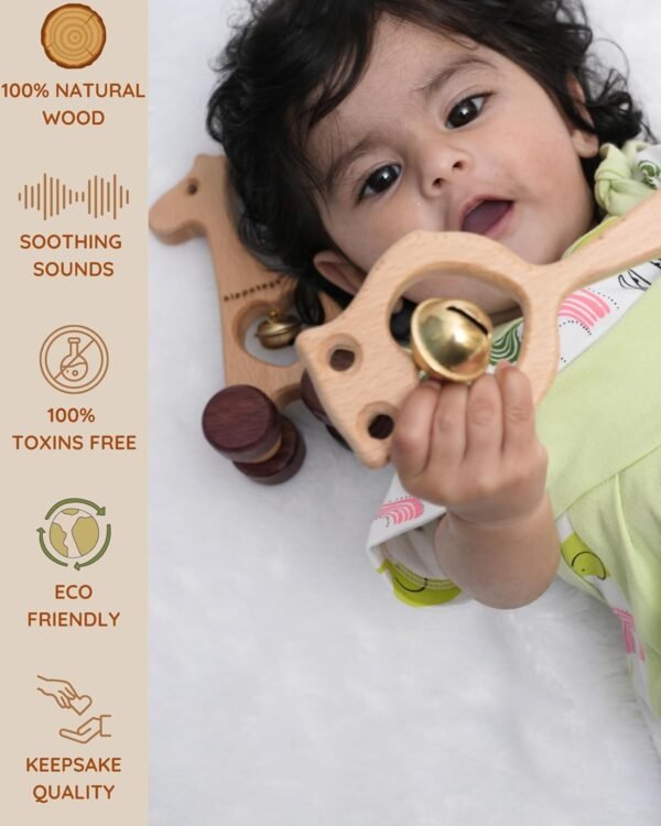 HippoToys Wooden Rattle Set – Baby Toys 0-12 Months, Jhunjhuna for Newborn, Montessori Safe Teething Toys, Handmade Natural Wood Gift for Baby Boys & Girls 3-6 Months, Perfect Baby Shower Gift. - Image 2