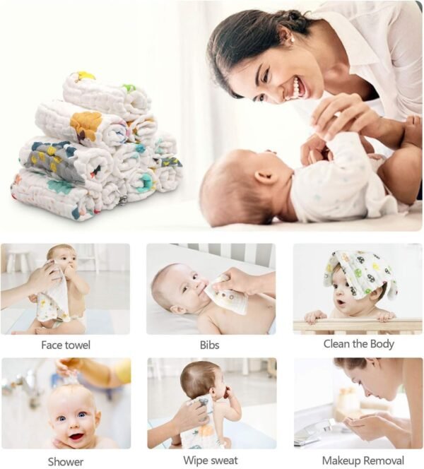 Little Boo Muslin 6 Layer Cotton Face Towels for Newborn Baby Extra Soft Hankies Reusable Napkins for Infants Toddlers/Kids (Pack of 5) White Printed. - Image 4