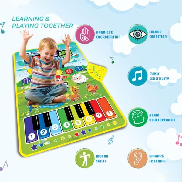 3-in-1 (Cow & Sheep ) Piano Mat for Toddlers, Piano & Drum Mat with 2 Sticks, Featuring Animal, Piano, and Drum Sounds, Educational Toy for 12 Months+, Ideal for 1-3 Year Toddler - Design 2 - Image 4