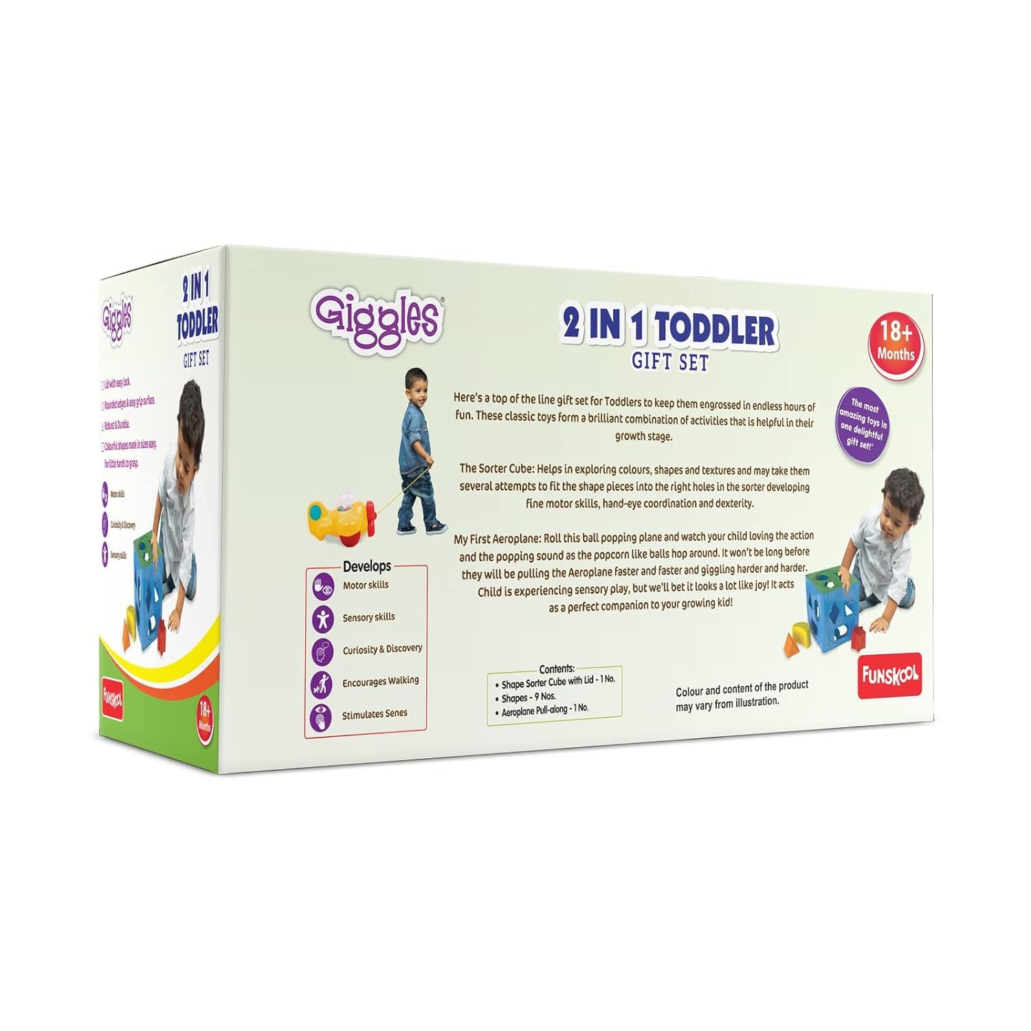 Funskool Giggles - 2 in 1 Toddler Multicolour Giftset,Shape Sorting Cube and Aeroplane Pull Along Toy, Develops Motor Skills,18 Months and Above, Infant & Pre-School Toys - Image 3