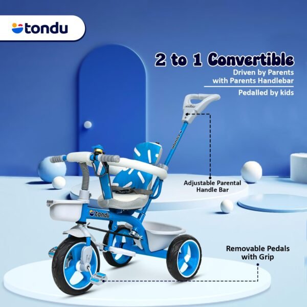 TONDU Tricycle for Baby/Kids with Safetyc Arm & Seat Belt with Parental Control Tricycle (Blue) - Image 3