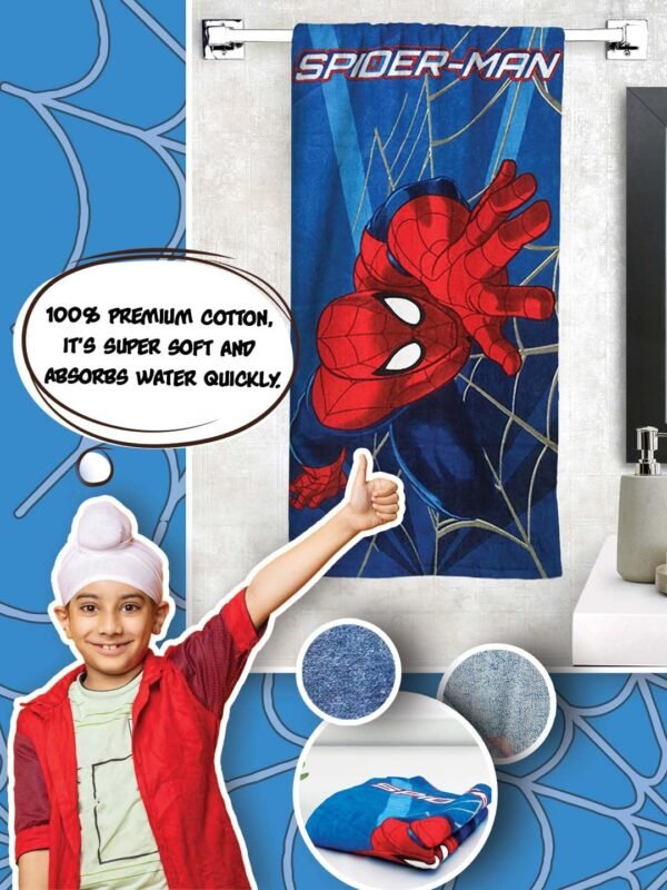 Athom Living Marvel Spider-Man 350 GSM Cotton Bath Towel for Kids & Adults – Soft, Absorbent, Quick-Drying, Blue Color, Superhero Themed Towel - Image 4