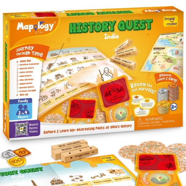 Imagimake Mapology History Quest - India |Historical Board Game |Explore 8 ERAS of Indian History with Discovery Lenses, Artefact Tokens, Ancient Dice |Educational Toy |Birthday Gift for Girls & Boys