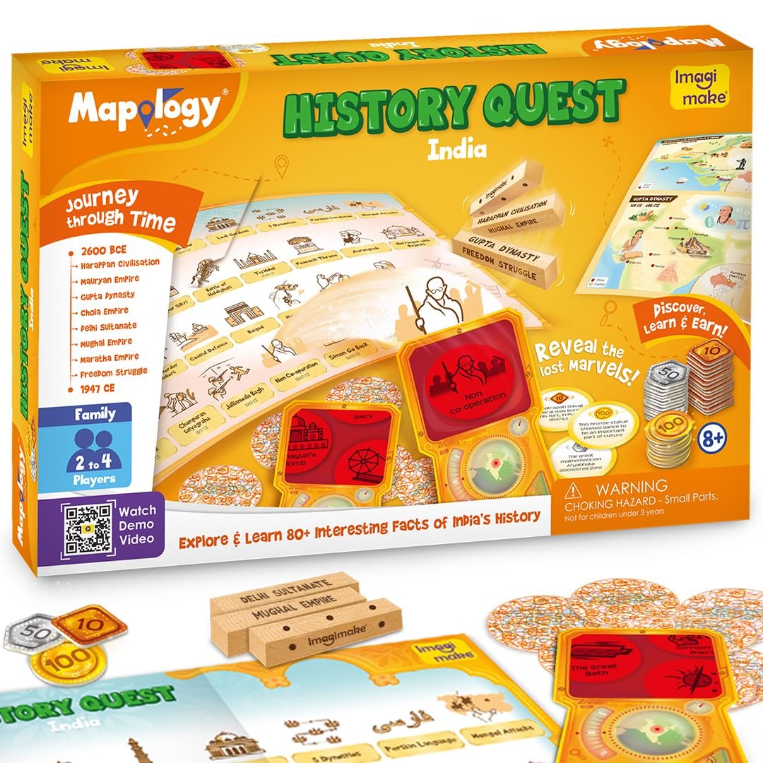Imagimake Mapology History Quest - India |Historical Board Game |Explore 8 ERAS of Indian History with Discovery Lenses, Artefact Tokens, Ancient Dice |Educational Toy |Birthday Gift for Girls & Boys