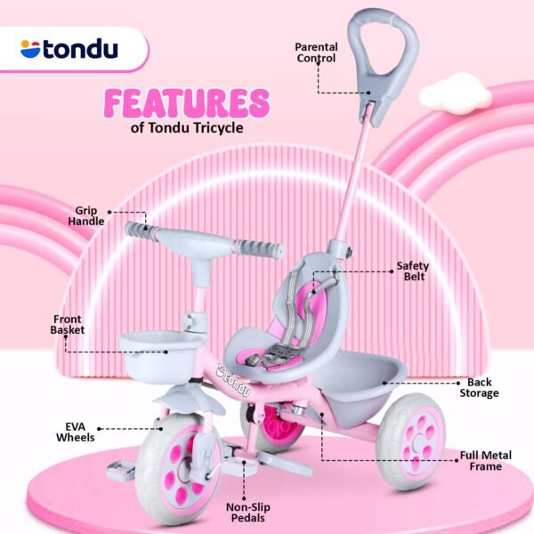TONDU Kiddo Tricycle for Kids/Baby with Storage Basket | Seat Belt with Parental Control Baby Tricycle (Pink) - Image 2