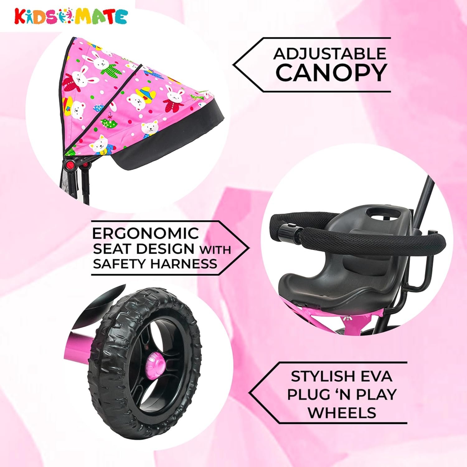 Kidsmate Deluxe 4-in-1 Tricycle for Kids with Adjustable Canopy | Durable Plug & Play Baby Trike with Safety Rail & Push Handle for Parents | Safe & Comfortable Ride for Toddlers 12-48 Months - Pink - Image 6
