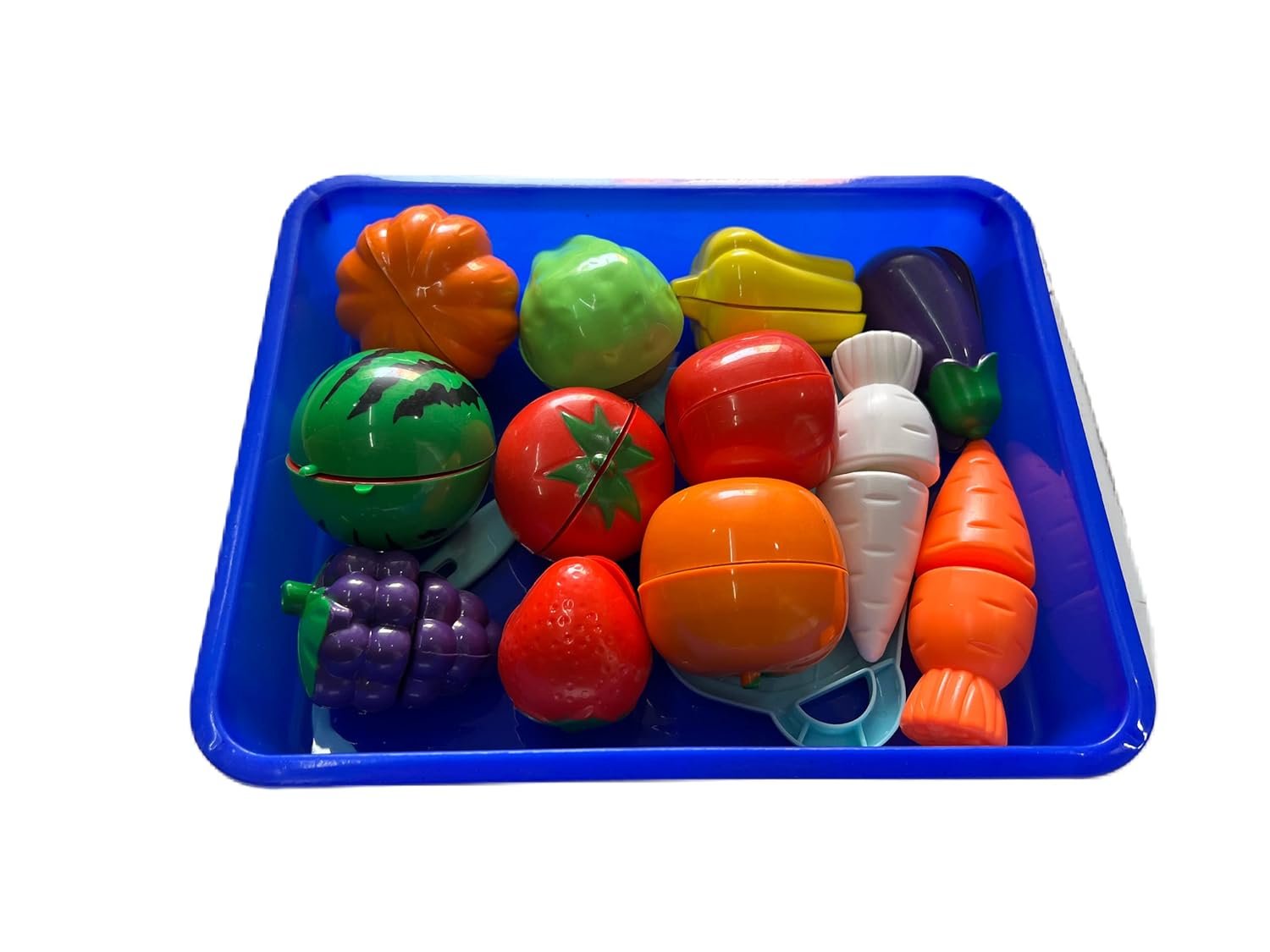 PLUSPOINT 14 PCS Cutting Play Food with Tray Toy for Kids Kitchen, Pretend Fruit &Vegetables Accessories Has 6 Fruits, 6 Vegetables,1 Board,1 Knife for Girls and Boys (Fruit Cut with Serving Tray) - Image 6