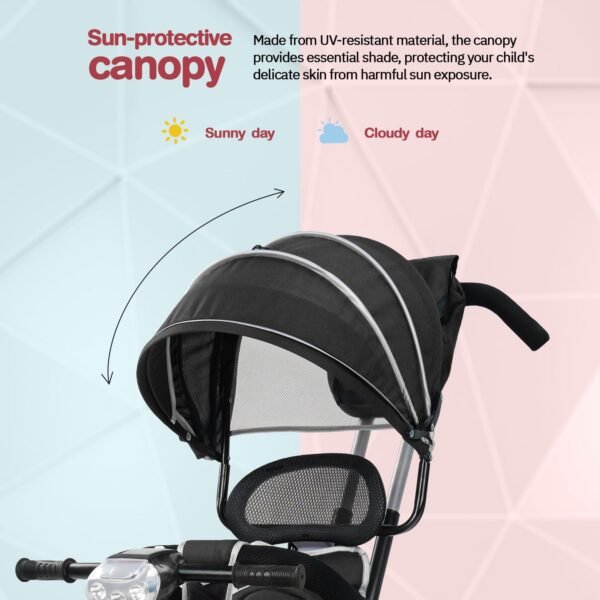 Baybee Klinto 2 in 1 Baby Tricycle for Kids | Plug N Play Baby Cycle Trikes with Parental Control, Canopy, LED Light & Music, Kid Triycle with Safety Guard, Kids Cycle for 2-5 Years boy Girl (Black) - Image 6