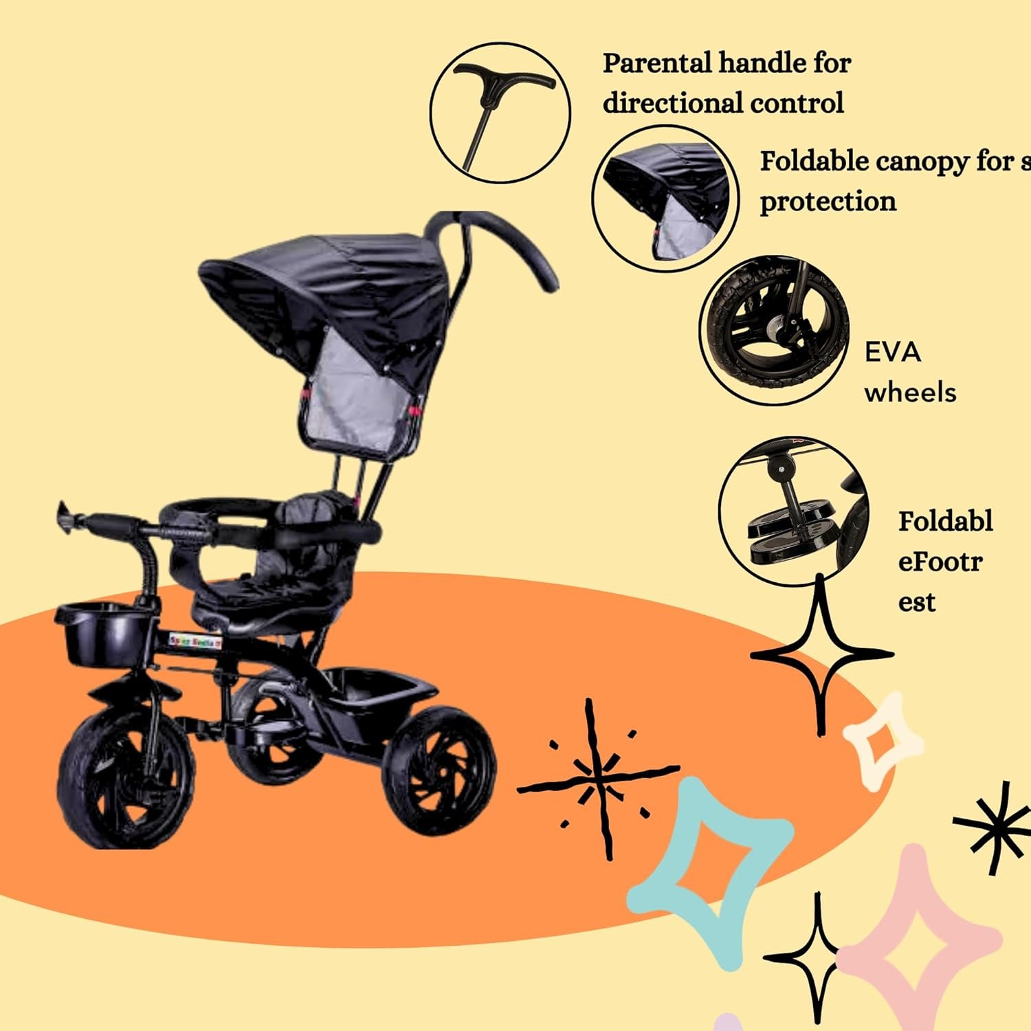Parental Control Tricycle for Kids | Canopy Front Storage & Back Storage | Suitable for 1-3 Years Kids | Seat Capacity - 30 Kgs | Ultra Comfortable Cushion (Color - Black) - Image 2