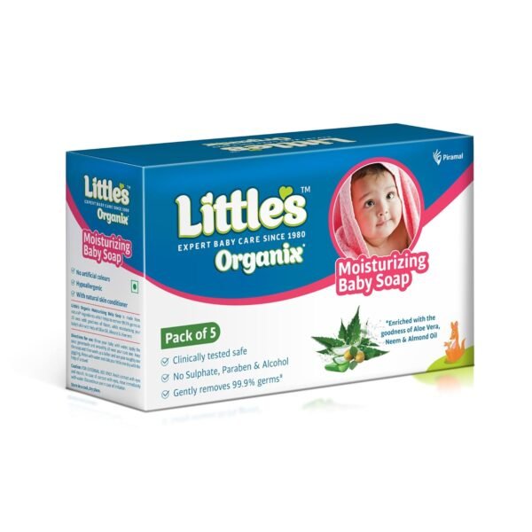 Little\'S Organix Moisturizing Baby Soap |75g (Pack Of 5)| Gentle Bathing Bar Soap with Organic Almond Oil, Olive Oil, Aloe Vera & Neem for Baby\'s Sensitive Skin | Protetcs From 99.9% Germs | Kids Soap